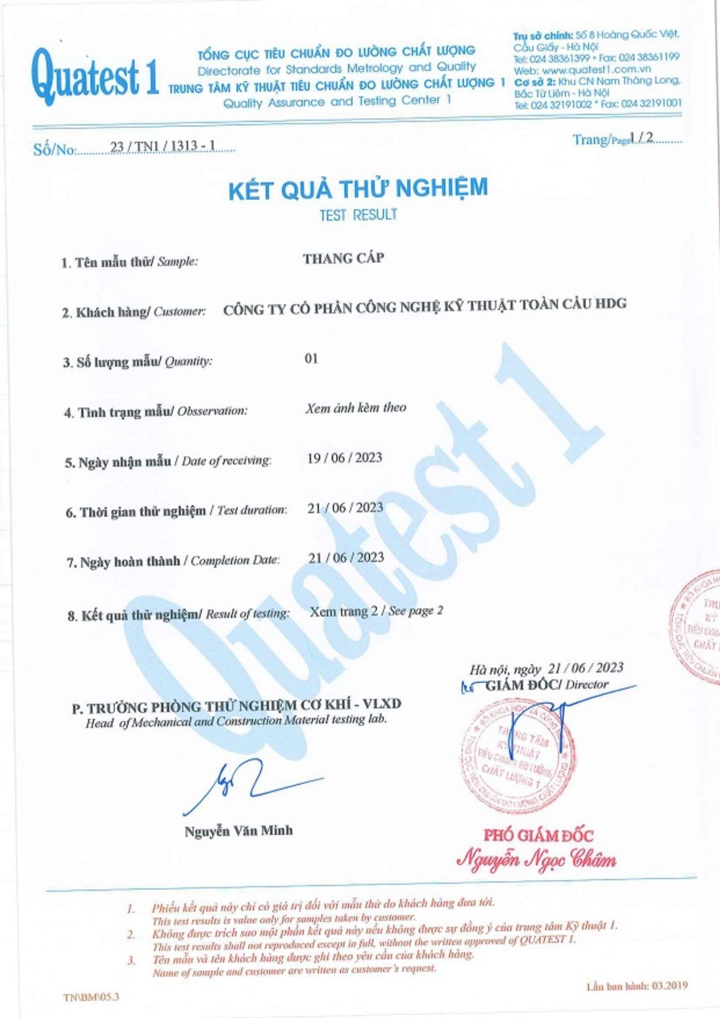 Kết quả test Thang cáp